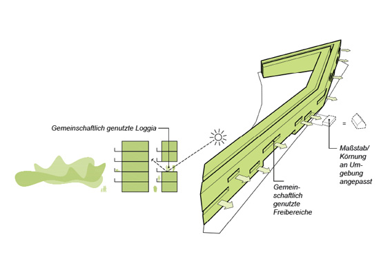 Freibereiche an Ost- und Nordfassade: zur verbesserten Belichtung der Laubenganzone + Schaffung von gemeinschaftlichen Freiflächen